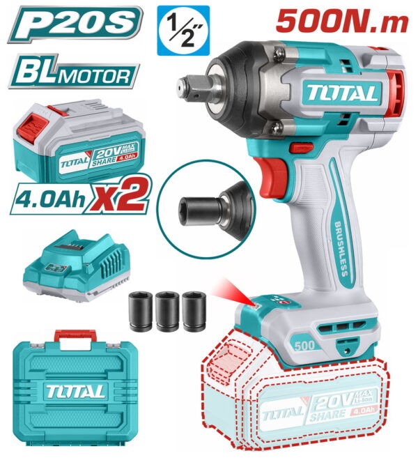 Total Επαγγελματικό Brushless Μπουλονόκλειδο Μπαταρίας 20V 2x4Ah TIWLI2050